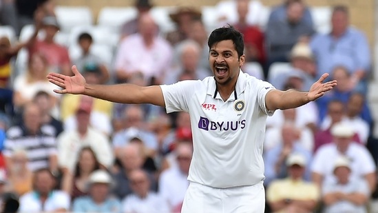 India's Shardul Thakur celebrates the dismissal of England captain Joe Root(AP)