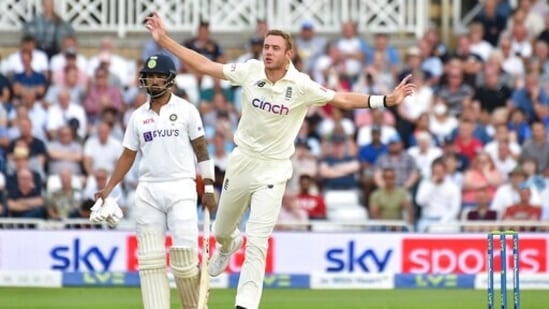 England's Stuart Broad, right, reacts after bowling a delivery(AP)