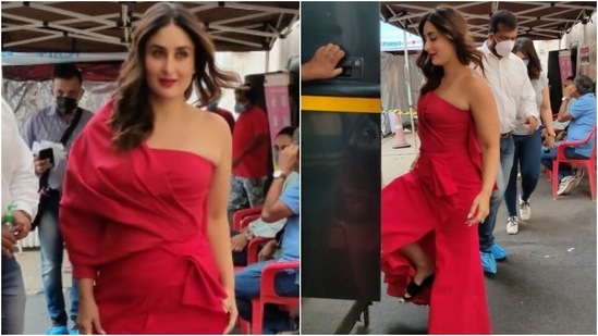 Kareena rounded it all off with middle-parted open locks, a bold red lip shade, exaggerated eye make-up, and dewy skin.(Varinder Chawla)