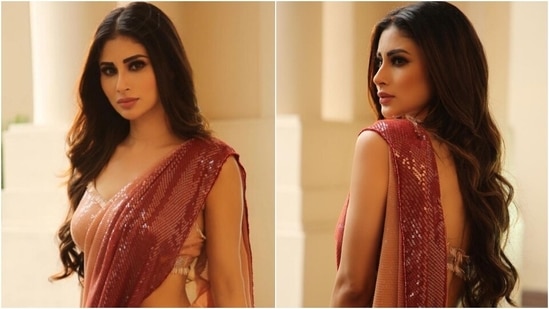 Mouni Roy teams shaded pink sequin saree with the sexiest embellished bralette(Instagram/@imouniroy)