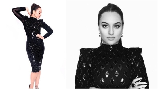 Sonakshi looked drop-dead gorgeous in this black sequin bodycon dress. She accessorised her look with black gem earrings and a huge black ring. With bold winged eyeliner and nude lips, Sonakshi tied her hair up in a neat ponytail.(Instagram/@aslisona)
