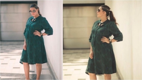 Keeping it cool yet trendy, Neha posed in a green dress and pointed black heels. With her hair tied up in a ponytail, she accessorised her look with black sunglasses.(Instagram/@nehadhupia)
