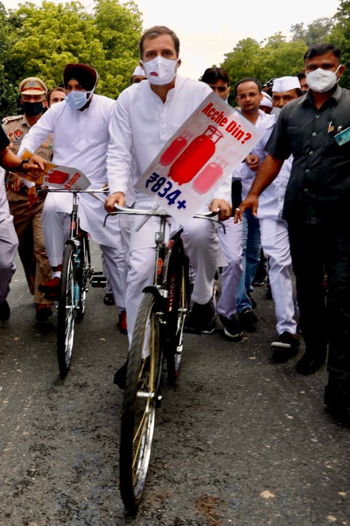 Rahul Gandhi leads MPs on cycles to Parliament. (Source: Twitter)