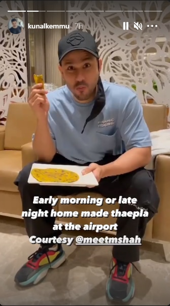 In one of the photos, he ate snacks and captioned it, "Early morning or late night home made thaepla at the aiport. Courtesy @meetmshah."