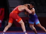 Wrestler Deepak Punia of India in action at the Tokyo Olympics 