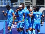 Tokyo 2020 Olympics - Hockey - Men - Bronze medal match - Germany v India - Oi Hockey Stadium, Tokyo, Japan - August 5, 2021. Harmanpreet Singh of India celebrates with teammates after scoring.