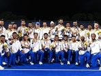 Indian Men's Hockey players pose for a photo with their bronze medal Indian Men's Hockey players pose for a photo with their bronze medal