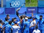 Indian players celebrate their victory over Germany in the men's field hockey bronze medal match, at the 2020 Summer Olympics, in Tokyo, Thursday, Aug. 5, 2021. India won the match, 5-4(PTI) Indian players celebrate their victory over Germany in the men's field hockey bronze medal match, at the 2020 Summer Olympics, in Tokyo, Thursday, Aug. 5, 2021. India won the match, 5-4(PTI)
