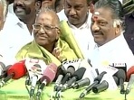When E Madhusudanan (left) had switched to Panneerselvam camp in 2017. When E Madhusudanan (left) had switched to Panneerselvam camp in 2017.