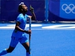 India's Hardik Singh reacts after scoring on Germany during the men's field hockey bronze medal match Tokyo Olympics 2020(AP) India's Hardik Singh reacts after scoring on Germany during the men's field hockey bronze medal match Tokyo Olympics 2020(AP)