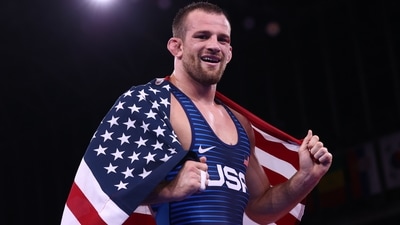 David Taylor of the United States celebrates after winning gold. (REUTERS)