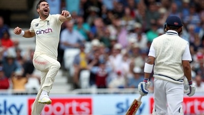 England's James Anderson celebrates the dismissal of Indian skipper Virat Kohli England's James Anderson celebrates the dismissal of Indian skipper Virat Kohli