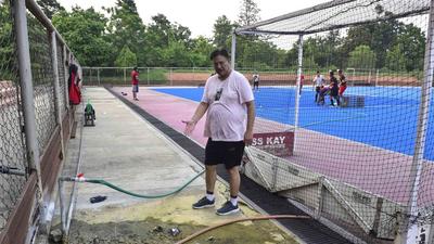 The AstroTurf, which was recently laid, is slippery at many places, the goalposts are missing in the practice arena and the ground is uneven. (HT Photo) The AstroTurf, which was recently laid, is slippery at many places, the goalposts are missing in the practice arena and the ground is uneven. (HT Photo)