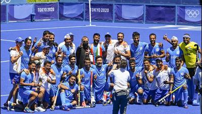 Indian players celebrating their victory over Germany in the men’s field hockey bronze medal match, at the 2020 Summer Olympics, in Tokyo on Thursday. India won 5-4. (PTI Photo)