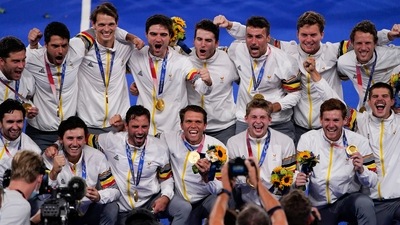 The Belgian men's field hockey team celebrates their gold medals after defeating Australia in the men's gold medal field hockey match at the 2020 Summer Olympics, Thursday, Aug. 5, 2021, in Tokyo, Japan. (AP Photo/John Locher) (AP) The Belgian men's field hockey team celebrates their gold medals after defeating Australia in the men's gold medal field hockey match at the 2020 Summer Olympics, Thursday, Aug. 5, 2021, in Tokyo, Japan. (AP Photo/John Locher) (AP)