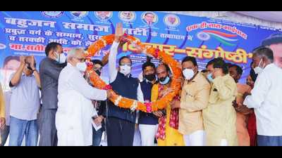 BSP national general secretary Satish Chandra Mishra participating in a party’s intellectuals’ programme in Lakhimpur on Thursday. (HT PHOTO)