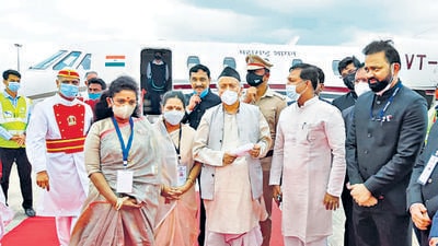 Governor Bhagat Singh Koshyari received by officials at Nanded airport, on Thursday. (Twitter) Governor Bhagat Singh Koshyari received by officials at Nanded airport, on Thursday. (Twitter)