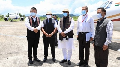 An image shared by Mizoram CM Zoramthanga after the two Assam ministers landed at Lengpui airport. (@ZoramthangaCM) An image shared by Mizoram CM Zoramthanga after the two Assam ministers landed at Lengpui airport. (@ZoramthangaCM)