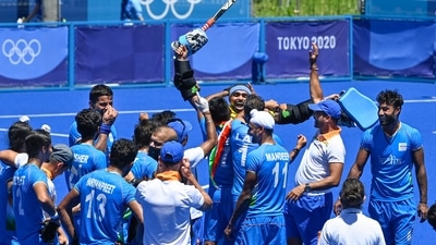 Indian players celebrate their victory over Germany in the men's field hockey bronze medal match, at the 2020 Summer Olympics, in Tokyo, Thursday, Aug. 5, 2021. India won the match, 5-4 (PTI) Indian players celebrate their victory over Germany in the men's field hockey bronze medal match, at the 2020 Summer Olympics, in Tokyo, Thursday, Aug. 5, 2021. India won the match, 5-4 (PTI)