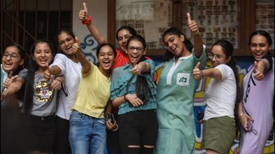 New Delhi, India - August 03, 2021: Students of Class 10th celebrate after CBSE class 10 results were announced, at St Thomas School, Mandir Marg in New Delhi, India, on Tuesday, August 03, 2021. (Photo by Sanchit Khanna/ Hindustan Times) New Delhi, India - August 03, 2021: Students of Class 10th celebrate after CBSE class 10 results were announced, at St Thomas School, Mandir Marg in New Delhi, India, on Tuesday, August 03, 2021. (Photo by Sanchit Khanna/ Hindustan Times)