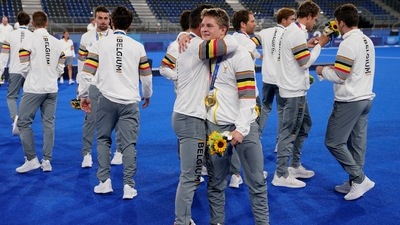 Belgium's Victor Nicky B Wegnez celebrates with his teammates after donning their gold medals at the 2020 Tokyo Olympics (AP) Belgium's Victor Nicky B Wegnez celebrates with his teammates after donning their gold medals at the 2020 Tokyo Olympics (AP)