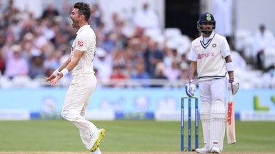 James Anderson celebrates getting the wicket of Virat Kohli for a duck. (Getty Images) James Anderson celebrates getting the wicket of Virat Kohli for a duck. (Getty Images)