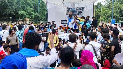 Azad Samaj Party Bhim Army chief Chandrashekhar Azad at a protest against the rape and murder of a nine-year-old Dalit girl at Old Nangal Rai Village, Delhi, on Tuesday. (HT Photo) Azad Samaj Party Bhim Army chief Chandrashekhar Azad at a protest against the rape and murder of a nine-year-old Dalit girl at Old Nangal Rai Village, Delhi, on Tuesday. (HT Photo)