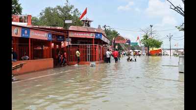 Ganga water inside the Bade Hanuman temple on the banks of Sangam on Thursday. (HT Photo) Ganga water inside the Bade Hanuman temple on the banks of Sangam on Thursday. (HT Photo)
