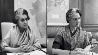 Side-by-side photos of Indira Gandhi and Lara Dutta. Side-by-side photos of Indira Gandhi and Lara Dutta.