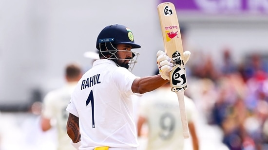 India's KL Rahul celebrates his half-century during the second day of the first test cricket match between England and India, at Trent Bridge in Nottingham on Thursday