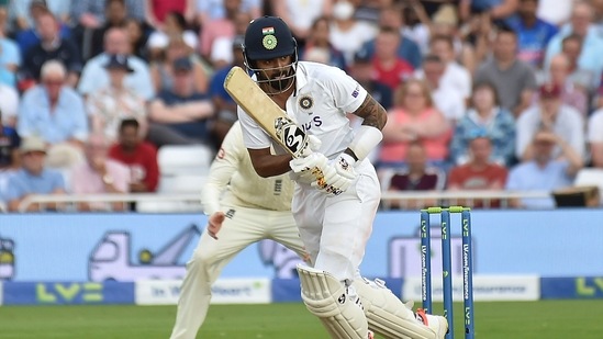 India's KL Rahul bats during the first day of first test cricket match between England and India, at Trent Bridge in Nottingham.(AP)