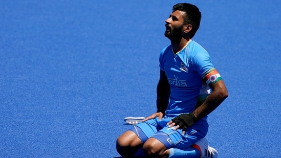 India's Manpreet Singh reacts after his team defeated Germany 5-4 during the men's field hockey bronze medal match at the 2020 Tokyo Olympics(AP)