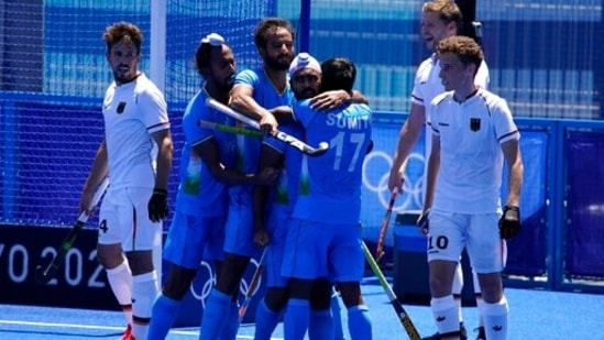 India players celebrate after India's Simranjeet Singh scored on Germany during the men's field hockey bronze medal match at the 2020 Tokyo Olympics(AP)