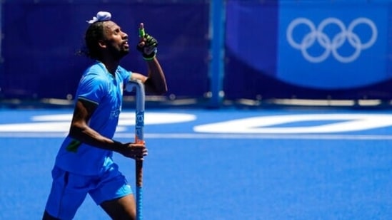 India's Hardik Singh reacts after scoring on Germany during the men's field hockey bronze medal match Tokyo Olympics 2020(AP) India's Hardik Singh reacts after scoring on Germany during the men's field hockey bronze medal match Tokyo Olympics 2020(AP)