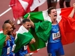 From left: Filippo Tortu, Lorenzo Patta, Eseosa Desalu and Lamont Jacobs, of Italy celebrate after taking the gold medal in the final of the men's 4 x 100-meter relay at the 2020 Summer Olympics, Friday, Aug. 6, 2021, in Tokyo, Japan.(AP) From left: Filippo Tortu, Lorenzo Patta, Eseosa Desalu and Lamont Jacobs, of Italy celebrate after taking the gold medal in the final of the men's 4 x 100-meter relay at the 2020 Summer Olympics, Friday, Aug. 6, 2021, in Tokyo, Japan.(AP)