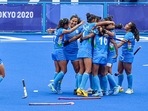Indian Women's Hockey players celebrate during India vs Great Britain match, at Tokyo Olympics 2020, in Tokyo on Friday.(ANI Photo) Indian Women's Hockey players celebrate during India vs Great Britain match, at Tokyo Olympics 2020, in Tokyo on Friday.(ANI Photo)