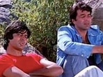 Amitabh Bachchan and Dharmendra in Sholay. Amitabh Bachchan and Dharmendra in Sholay.