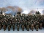 Chinese soldiers rally while training in Kashgar in northwestern China's Xinjiang Uighur Autonomous Region.
