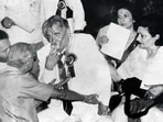 Raj Kapoor was awarded by the President in his seat, away from the stage. Raj Kapoor was awarded by the President in his seat, away from the stage.