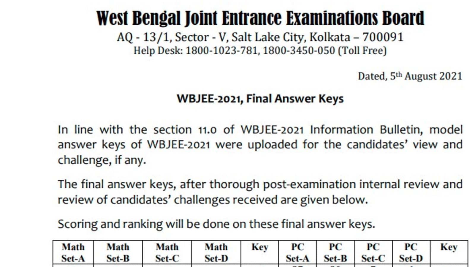 WBJEE final answer key 2021 released on wbjee.nic.in, results expected soon