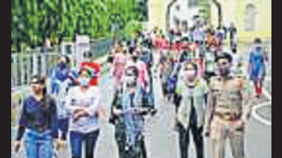Students coming out of an exam centre in Lucknow after appearing in the UP BEd entrance test. (Deepak Gupta/HT)