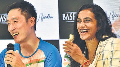 Olympic Medallist PV Sindhu with her Coach Park Tae Sang addressing a media conference on her residence, in Hyderabad. (ANI)