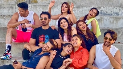 Khatron Ke Khiladi 11 contestants Sourabh Raaj Jain, Sana Makbul and Arjun Bijlani pose with others. Khatron Ke Khiladi 11 contestants Sourabh Raaj Jain, Sana Makbul and Arjun Bijlani pose with others.