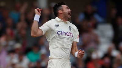 England's James Anderson celebrates taking the wicket of India's Virat Kohli. (Action Images via Reuters)