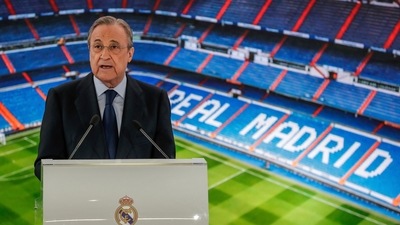 Real Madrid's President Florentino Perez gives a speech at the Santiago Bernabeu stadium in Madrid. (AP)