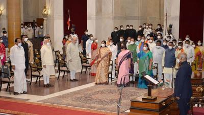 President Ram Nath Kovind after the swearing-in ceremony of new ministers at Rashtrapati Bhavan on July 7. (PTI)