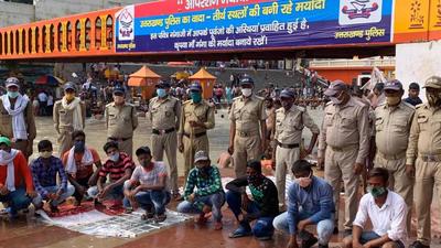 On Friday, on the festive occasion of Shravan Shivratri at Malviya Ghat near Har-Ki-Pauri, police caught 9 people who were creating a nuisance and arrested them under CrPC section 151. The arrested pilgrims hailed from Saharanpur, Panipat, Muzaffarnagar, and Mahendragarh in Haryana. (HT PHOTO.) On Friday, on the festive occasion of Shravan Shivratri at Malviya Ghat near Har-Ki-Pauri, police caught 9 people who were creating a nuisance and arrested them under CrPC section 151. The arrested pilgrims hailed from Saharanpur, Panipat, Muzaffarnagar, and Mahendragarh in Haryana. (HT PHOTO.)