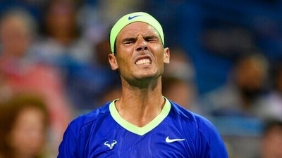 Rafael Nadal, of Spain, reacts during a match against Lloyd Harris, of South Africa, at the Citi Open tennis tournament. (AP)