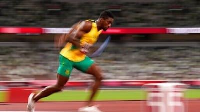 Demish Gaye, of Jamaica starts a semifinal of the men's 4 x 400-meter relay at the 2020 Summer Olympics, Friday, Aug. 6, 2021, in Tokyo, Japan. (AP Photo/Charlie Riedel) (AP) Demish Gaye, of Jamaica starts a semifinal of the men's 4 x 400-meter relay at the 2020 Summer Olympics, Friday, Aug. 6, 2021, in Tokyo, Japan. (AP Photo/Charlie Riedel) (AP)