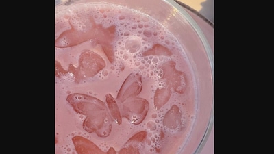 The image shows butterfly-shaped ice pieces floating on a pink coloured drink. (Twitter/@blestallure)